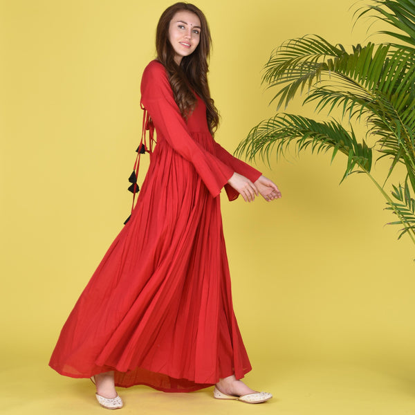Red Plain Dress With Tassels