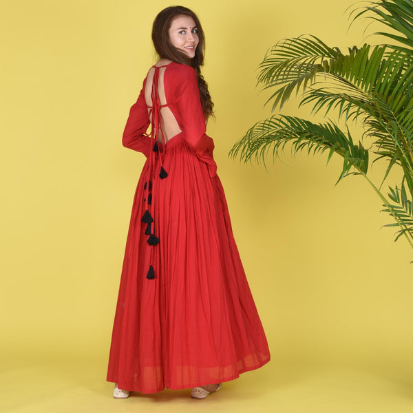 Red Plain Dress With Tassels