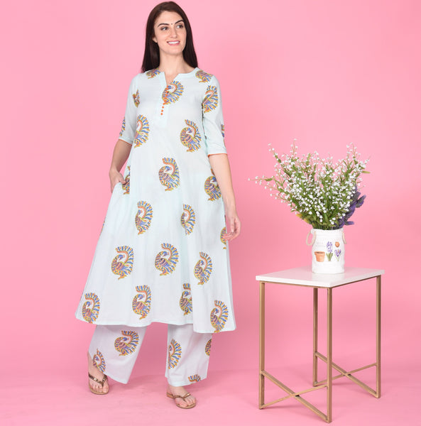Peacock Print Kurta Set