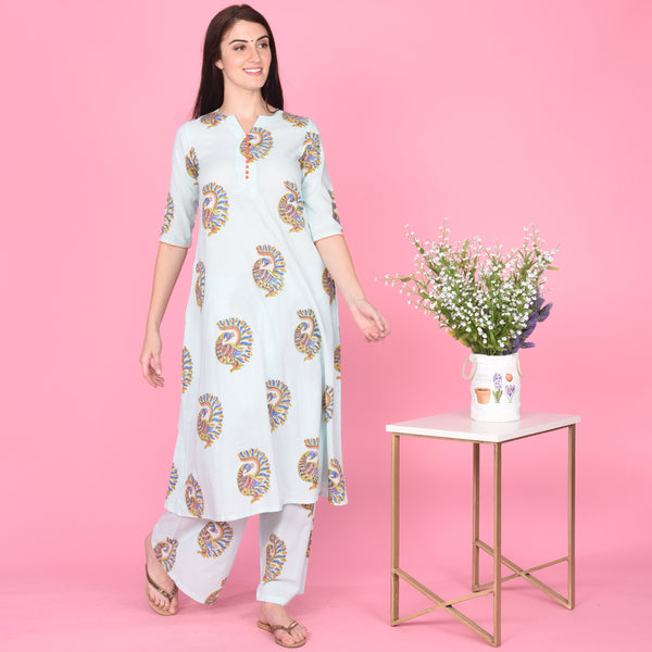 Peacock Print Kurta Set