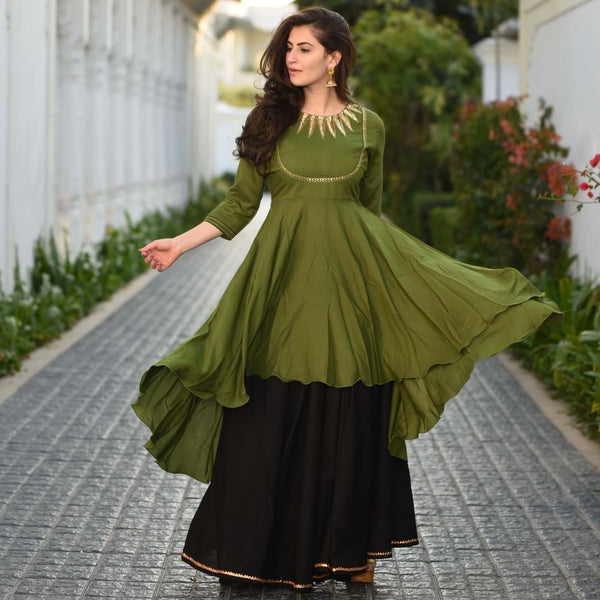 Black Green Skirt Set