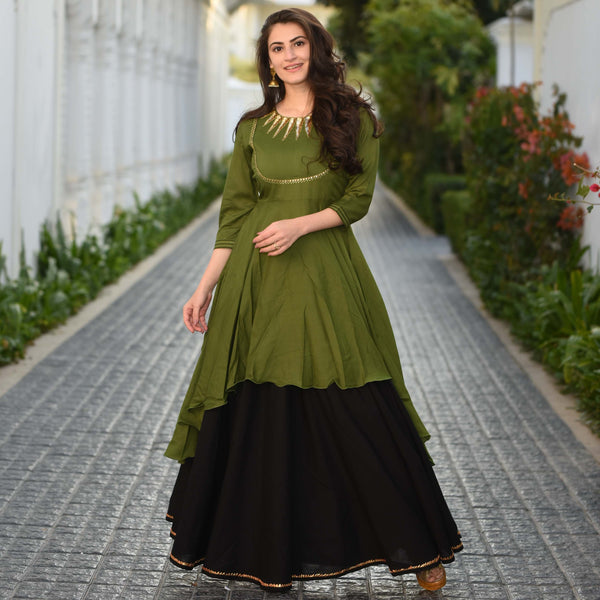 Black Green Skirt Set