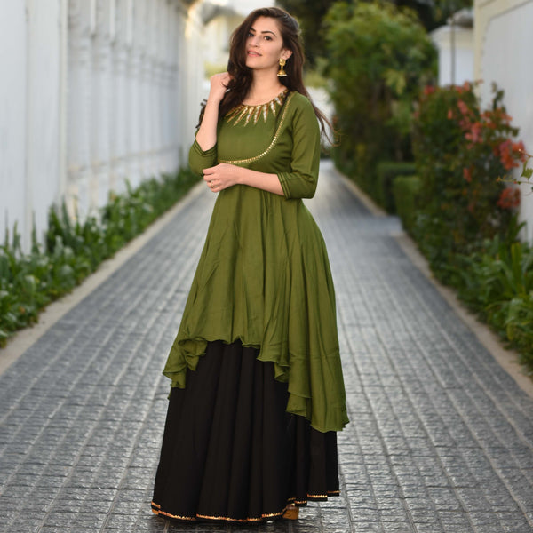 Black Green Skirt Set